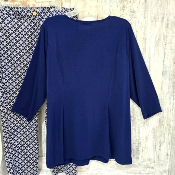 Susan Graver Women's Blouse Size 1X Navy Blue Gold Zipper Office Stretchy V Neck - Picture 10 of 14